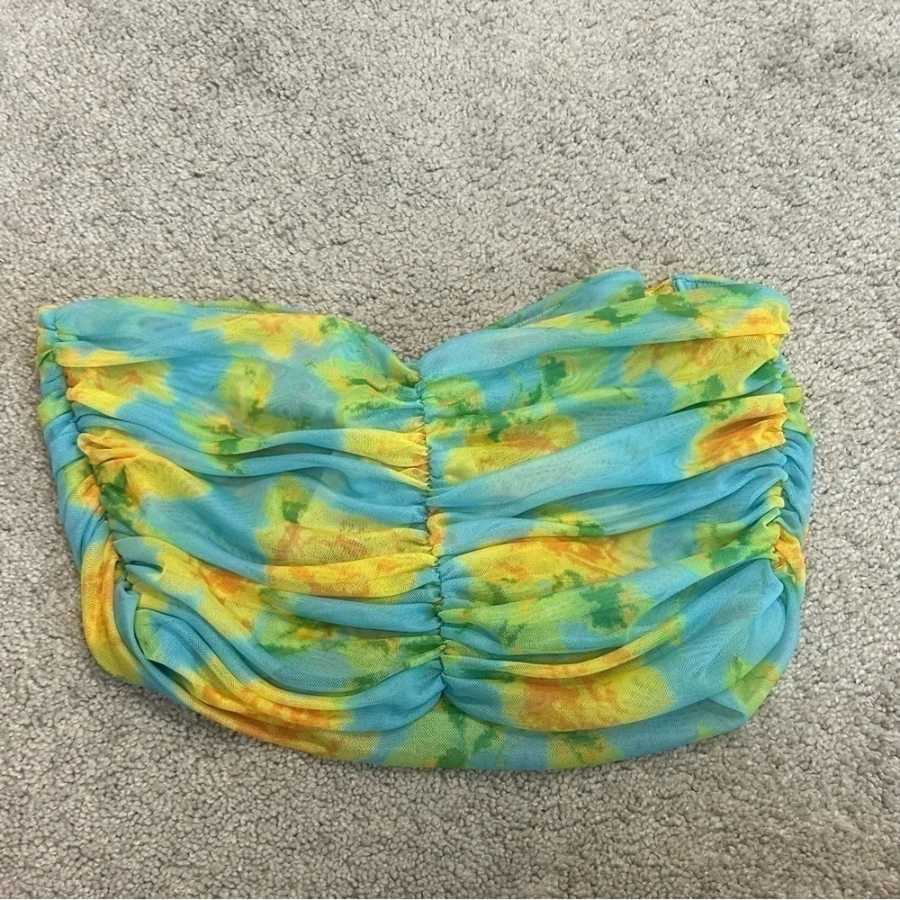 Zara blue yellow floral flower ruched strapless bandeau bustier crop top L NWT - Picture 7 of 15